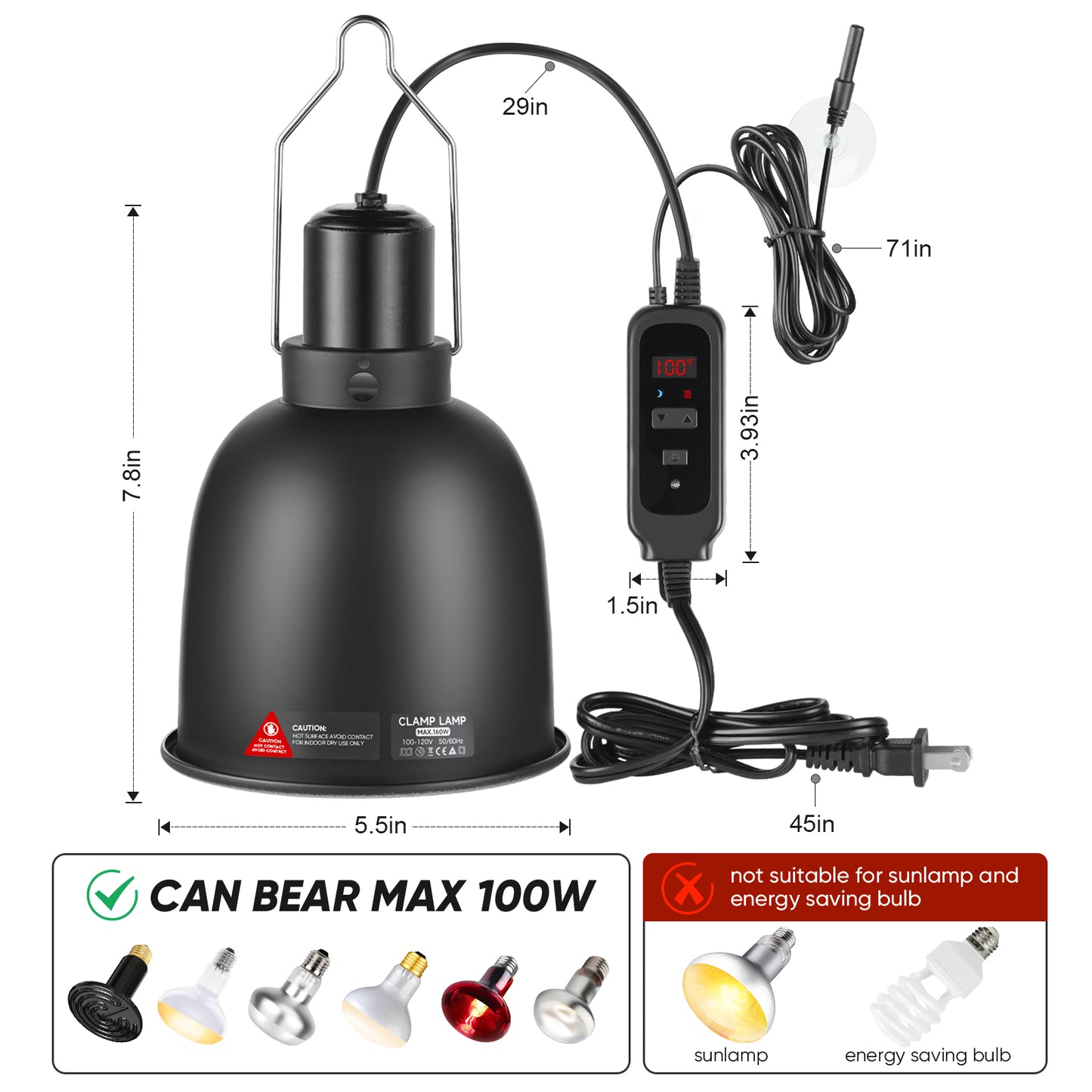 5.5 inch Reptile Heat Lamp with Thermostat, UVB Reptile Light Fixture with Dimming Thermostat, Deep Dome Reptile Lamp Fixture Max 100W for Bearded Dragon, Turtles, Snake and Lizard Terrarium