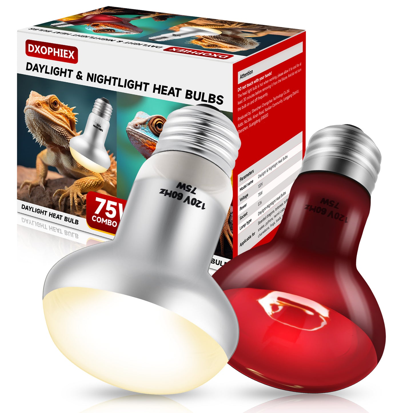 DXOPHIEX 2 Pack 75W Reptile Heat Lamp Bulbs Reptile Heat Bulbs, UVA Basking Bulb and Infrared Light Bulb Combo, Basking Bulb Basking Light for Bearded Dragon, Turtles, Snake and Lizard
