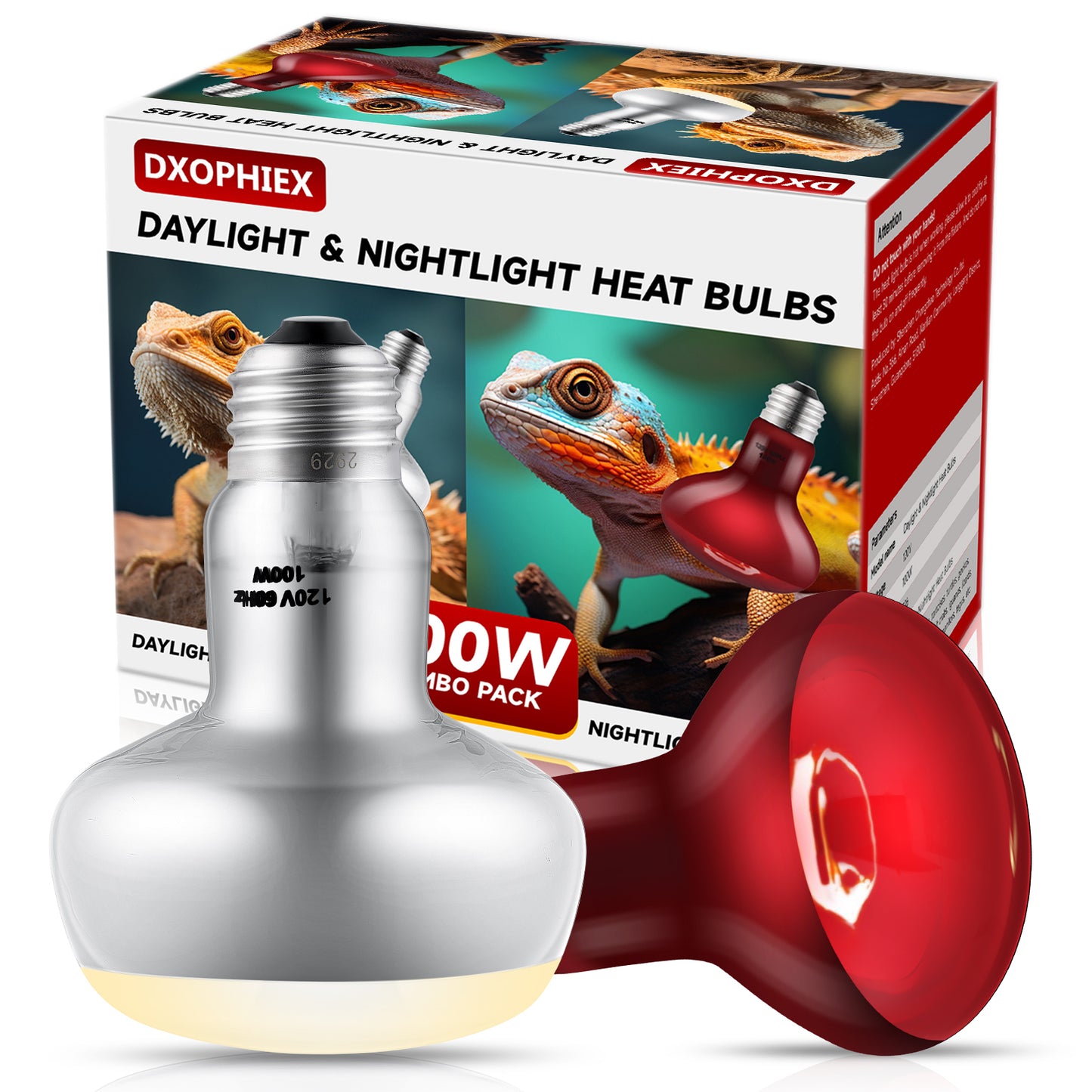 DXOPHIEX 2 Pack 100W Reptile Heat Lamp Bulbs Reptile Heat Bulbs, UVA Basking Bulb and Infrared Light Bulb Combo, Basking Bulb Basking Light for Bearded Dragon, Turtles, Snake and Lizard