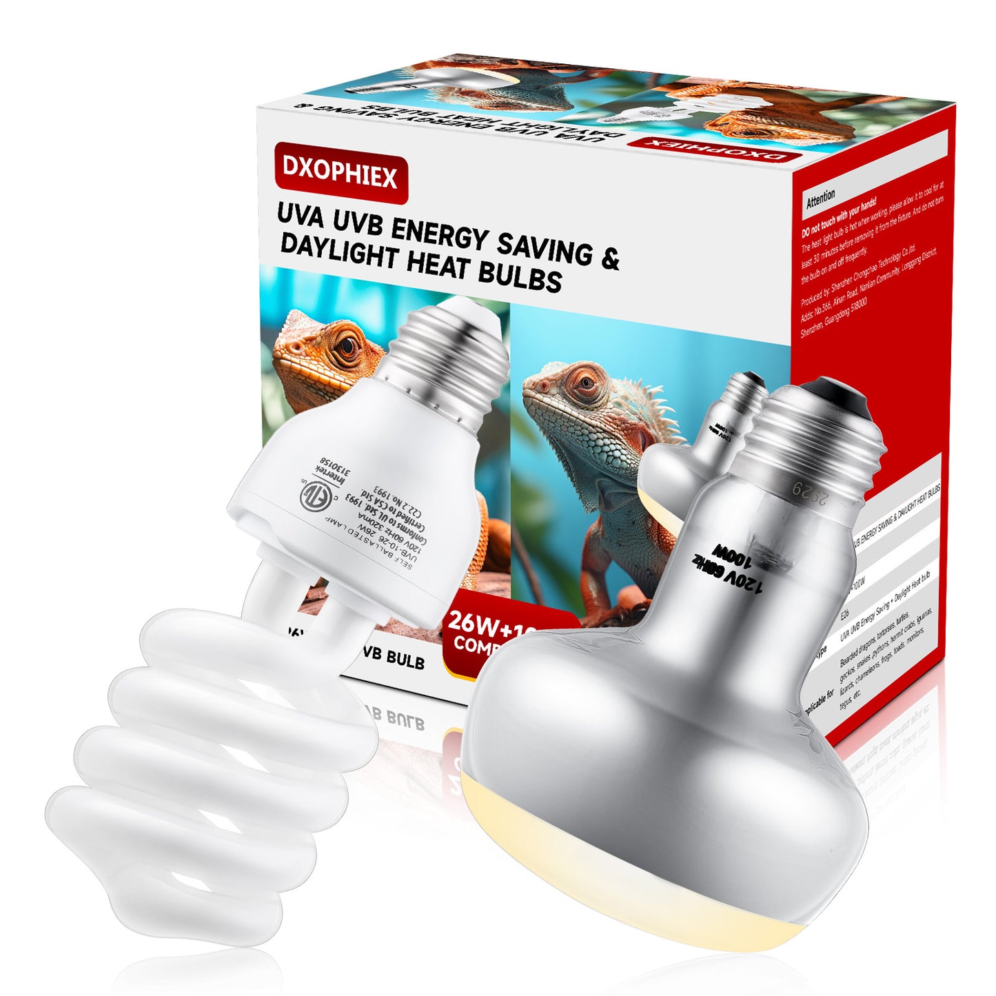 DXOPHIEX 100W Reptile Heat Lamp Bulb and 26W 10.0 UVB Bulb Combo Pack, UVA Basking Bulb and UVB Light for Reptiles, Basking Light for Bearded Dragon, Turtles, Snake and Lizard