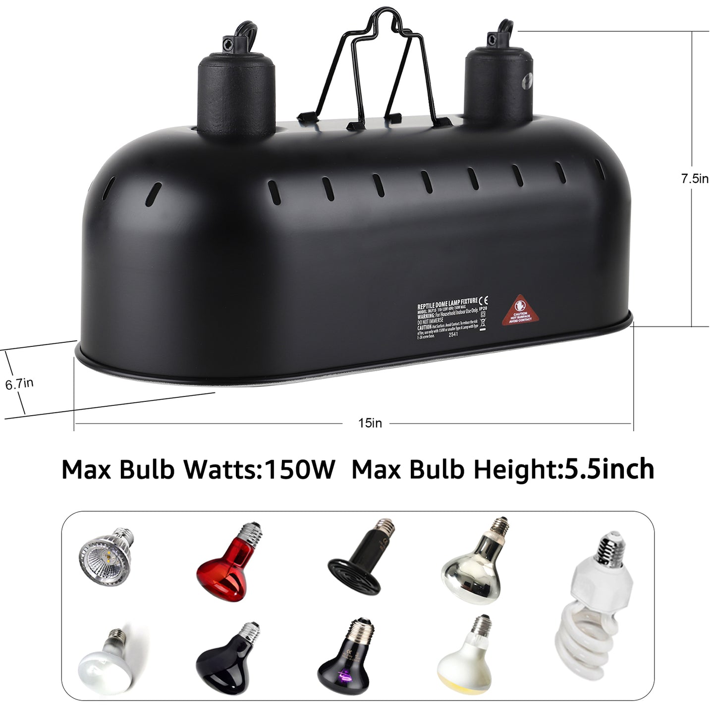 DXOPHIEX Dual Reptile Light Fixture,Reptile Heat Lamp Fixture with 150W Basking Bulb&Ceramic Heat Emitter,Double Dome Light Fixture Heat Lamp for Lizard,Gecko,Bearded Dragon,Tortoise,Snake,Chameleon