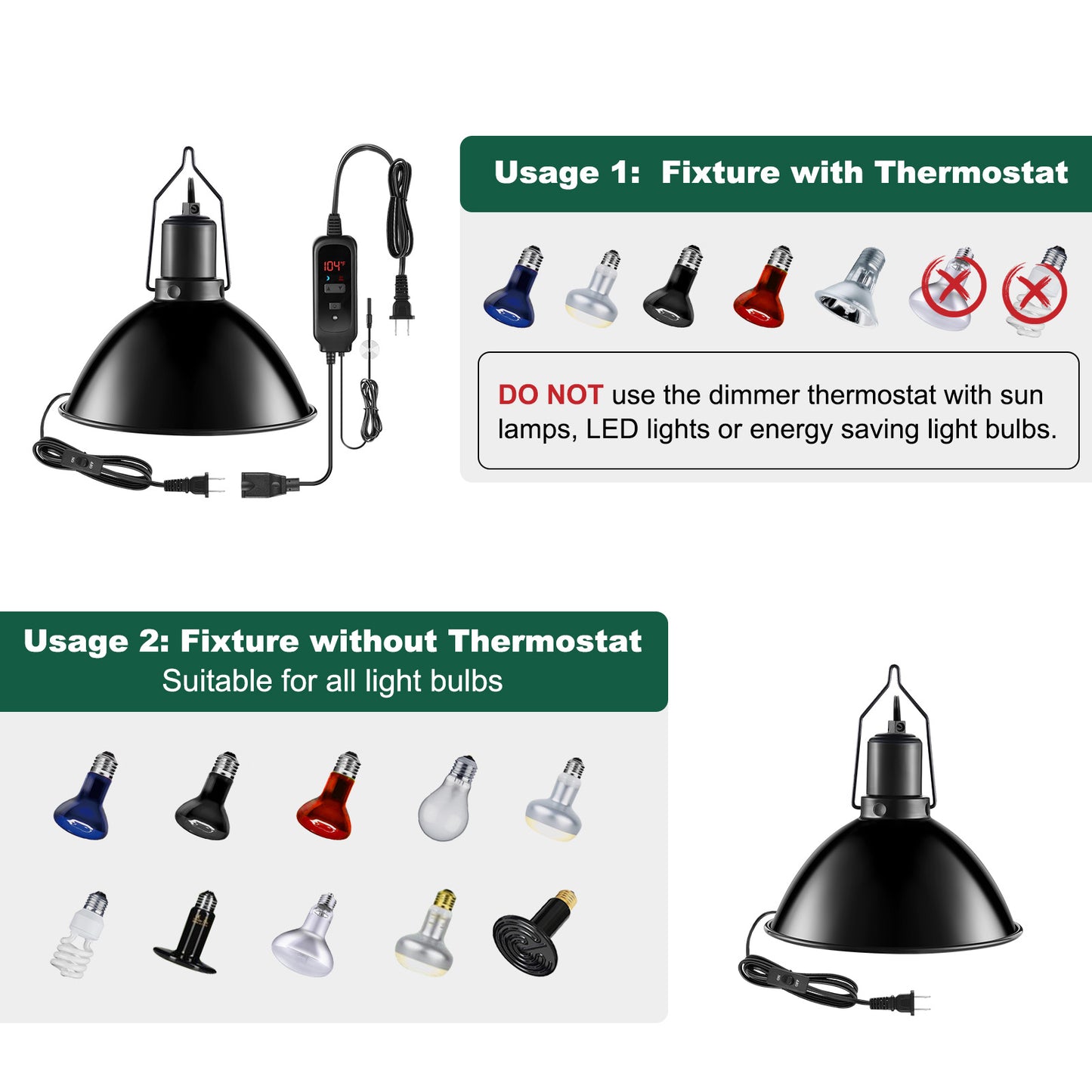 DXOPHIEX 8.5 Inch Reptile Heat Lamp Fixture with Dimming Thermostat,Reptile Light Fixture Max 150W,PID Inverter Thermostat with Temperature Controller for Bearded Dragon,Turtles,Snake,Lizard and Gecko