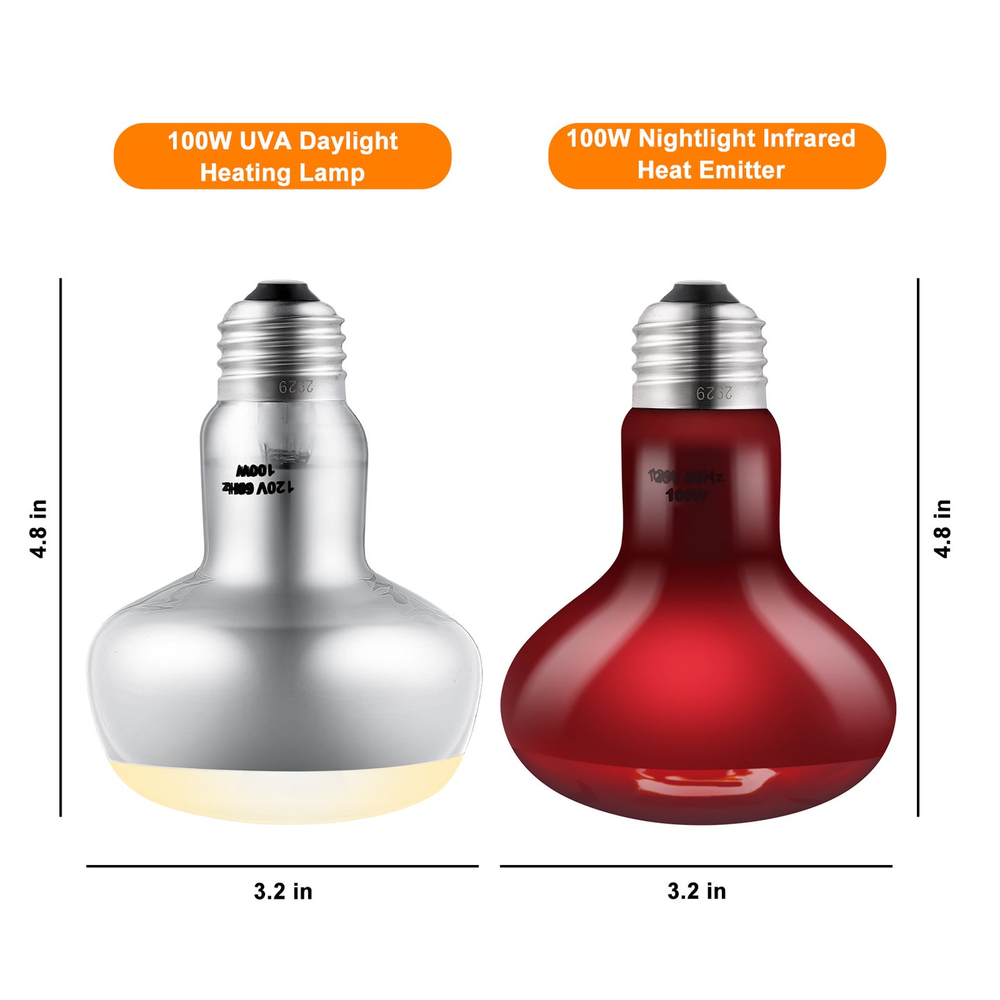 DXOPHIEX 2 Pack 100W Reptile Heat Lamp Bulbs Reptile Heat Bulbs, UVA Basking Bulb and Infrared Light Bulb Combo, Basking Bulb Basking Light for Bearded Dragon, Turtles, Snake and Lizard