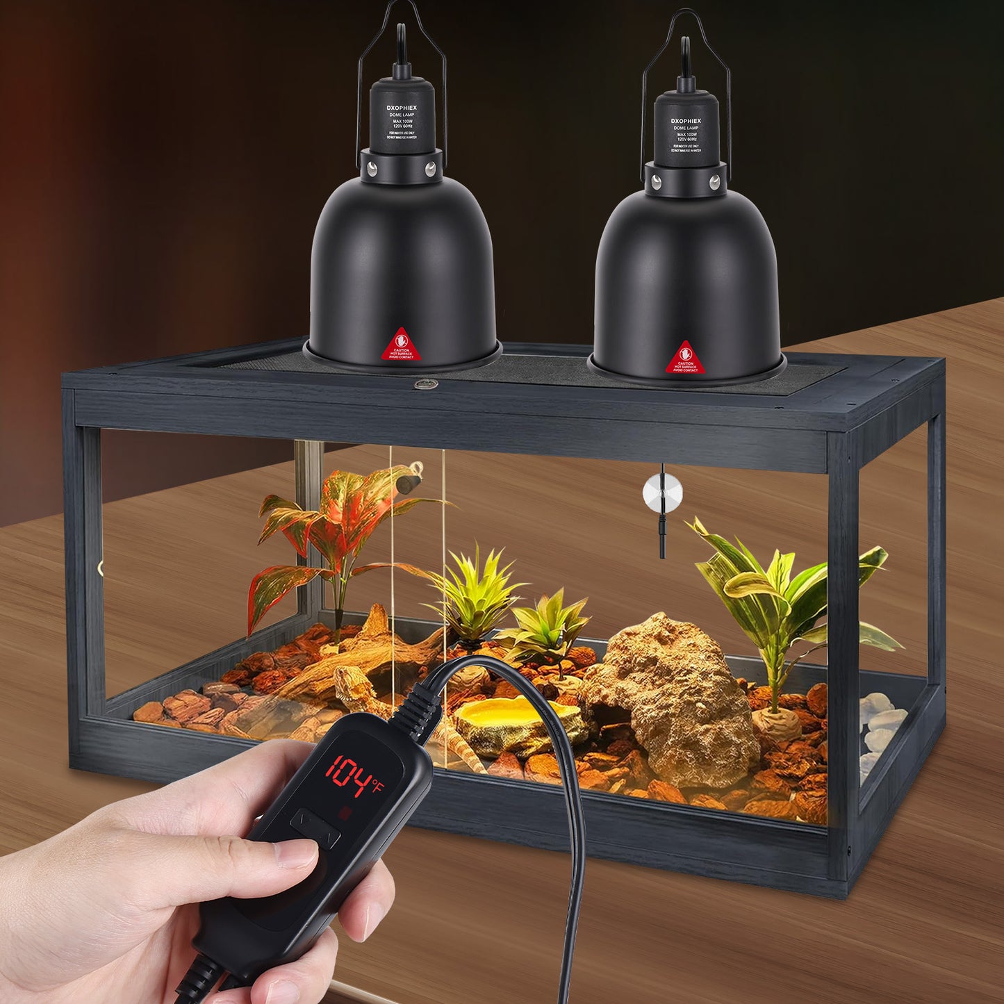 5.5 Inch Deep Dome Reptile Heat Lamp Fixture with Dimming Thermostat, Reptile Light Fixture Max 100W,Reptile Thermostat with Temperature Controller for Bearded Dragon,Turtles,Snake and Lizard Terrarium