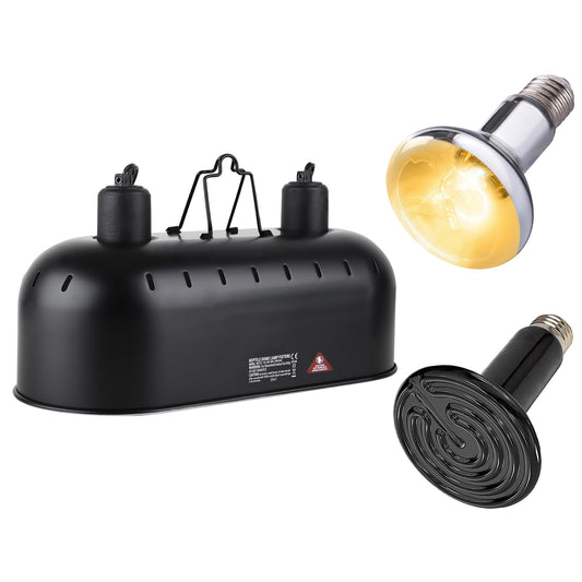 15inch Dual Reptile Light Fixture, Max 150W Dual Reptile Heat Lamp Fixture with 100W UVA UVB Sun Lamp&Ceramic Heat Emitter,Double Dome Lamp Fixture