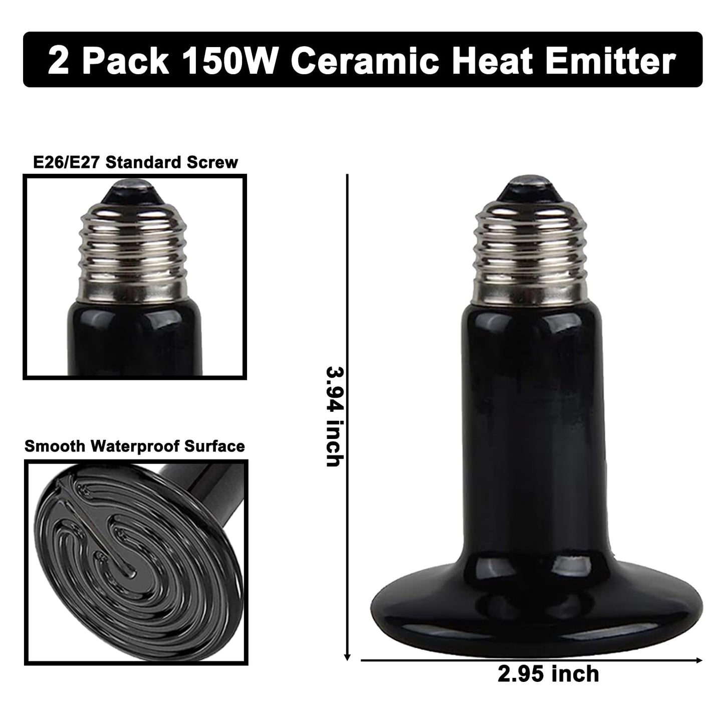 15inch Dual Reptile Light Fixture, Max 150W Reptile Heat Lamp Fixture with 2PCS 150W Ceramic Heat Emitter, Double Dome UVB Reptile Light Fixture