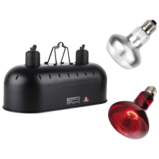 15inch Dual Reptile Light Fixture, Max 150W Dual Dome Reptile Heat Lamp Fixture with 100W Basking Bulb&Infrared Heat Lamp, UVB Reptile Light Fixture