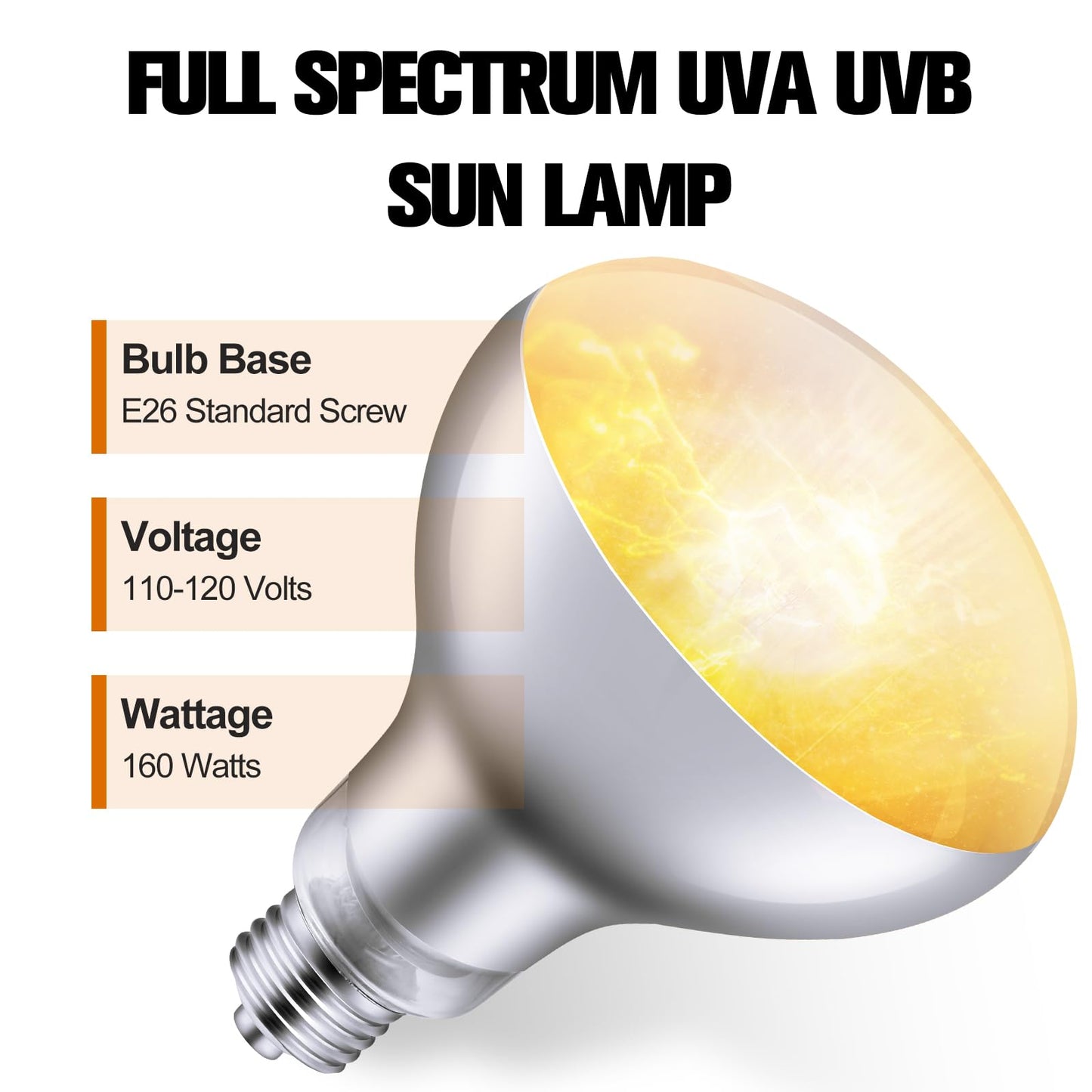 160W Reptile Heat Lamp Bulb Full Spectrum UVA UVB Reptile Light Bulb, Reptile Sun Lamp Basking Light for Bearded Dragon, Mercury Vapor Bulb for Reptiles and Amphibians