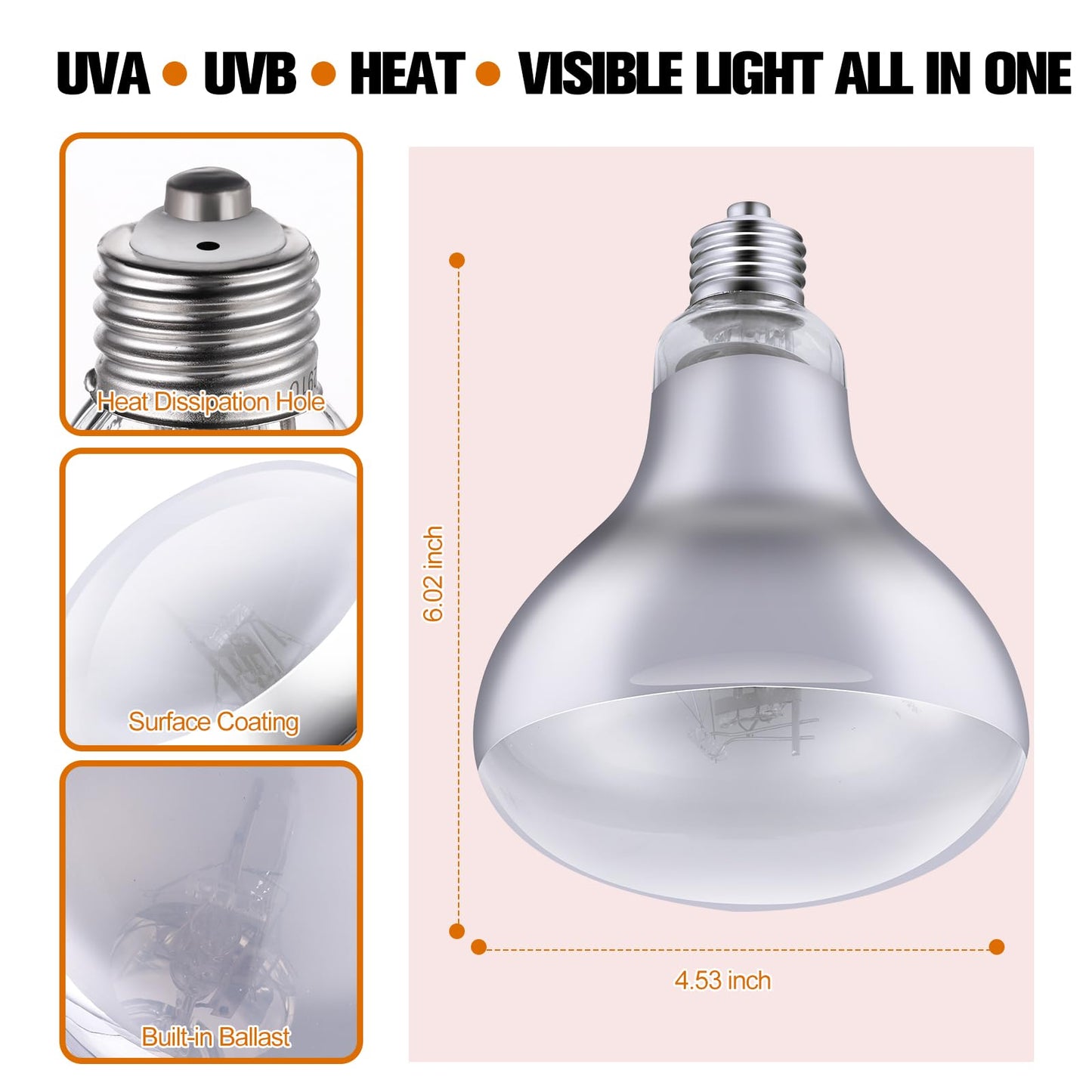 160W Reptile Heat Lamp Bulb Full Spectrum UVA UVB Reptile Light Bulb, Reptile Sun Lamp Basking Light for Bearded Dragon, Mercury Vapor Bulb for Reptiles and Amphibians