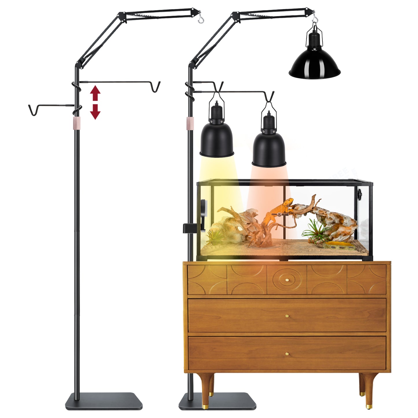 Reptile Heat Lamp Stand Reptile Light Stand,Tall Dual Reptile Lamp Stand (17.7 inch to 89.6inch) with 360°Adjustable Swing Arm,Reptile Lamp Holder with 2 Bracket Hooks and Tablet Floor Stand