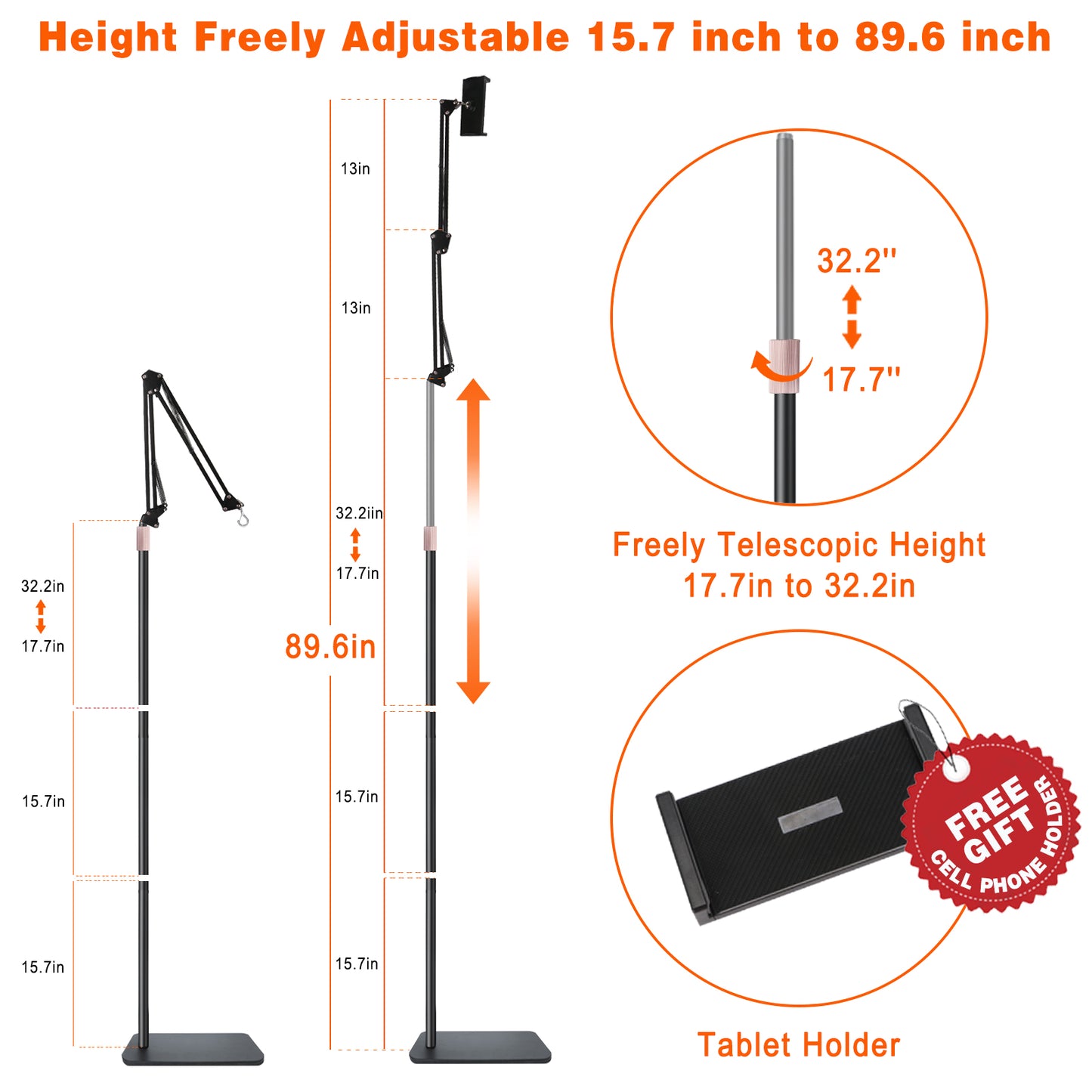 Reptile Heat Lamp Stand Reptile Light Stand,Tall Dual Reptile Lamp Stand (17.7 inch to 89.6inch) with 360°Adjustable Swing Arm,Reptile Lamp Holder with 2 Bracket Hooks and Tablet Floor Stand