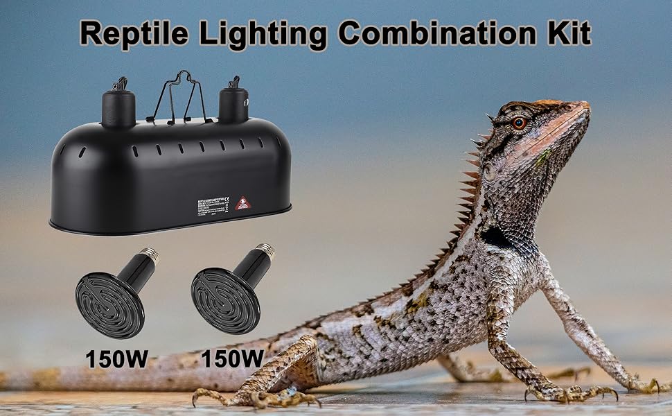 15inch Dual Reptile Light Fixture Max 150W Reptile Heat Lamp Fixture with 2PCS 150W Ceramic Heat Emitter Double Dome UVB Reptile Light Fixture for Reptile Terrarium and Tortoise Habitat DXOPHIEX
