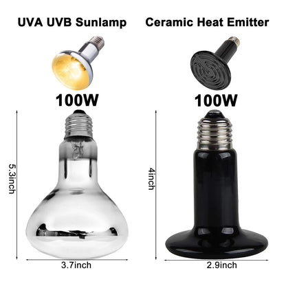 15inch Dual Reptile Light Fixture, Max 150W Dual Reptile Heat Lamp Fixture with 100W UVA UVB Sun Lamp&Ceramic Heat Emitter,Double Dome Lamp Fixture
