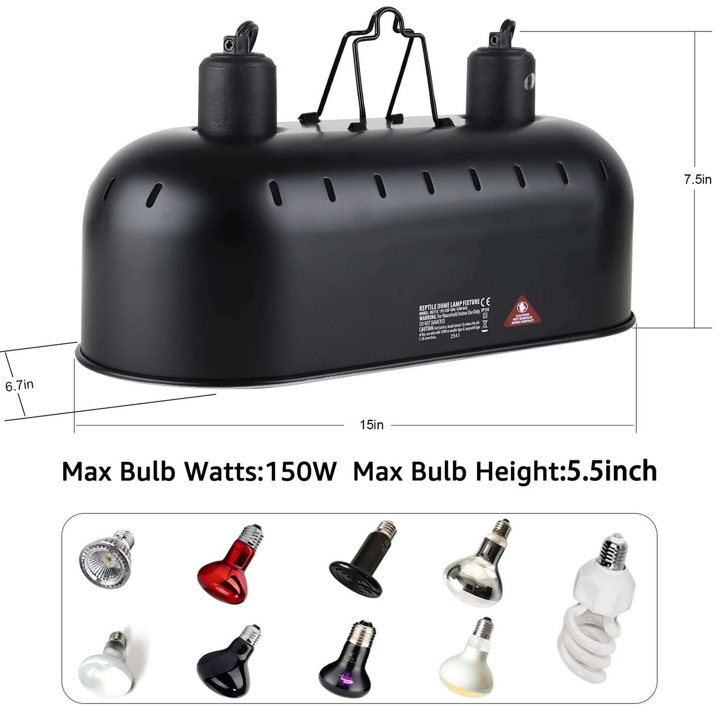 15inch Dual Reptile Light Fixture, Max 150W Dual Reptile Heat Lamp Fixture with 100W UVA UVB Sun Lamp&Ceramic Heat Emitter,Double Dome Lamp Fixture