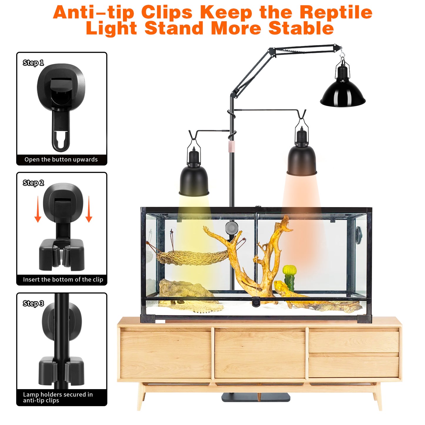 Reptile Heat Lamp Stand Reptile Light Stand,Tall Dual Reptile Lamp Stand (17.7 inch to 89.6inch) with 360°Adjustable Swing Arm,Reptile Lamp Holder with 2 Bracket Hooks and Tablet Floor Stand